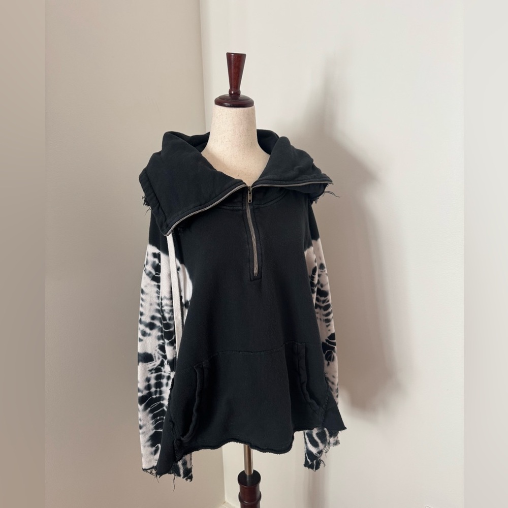 Spenglish Black Tie-Dye Zip Hoodie Distressed Hem Small